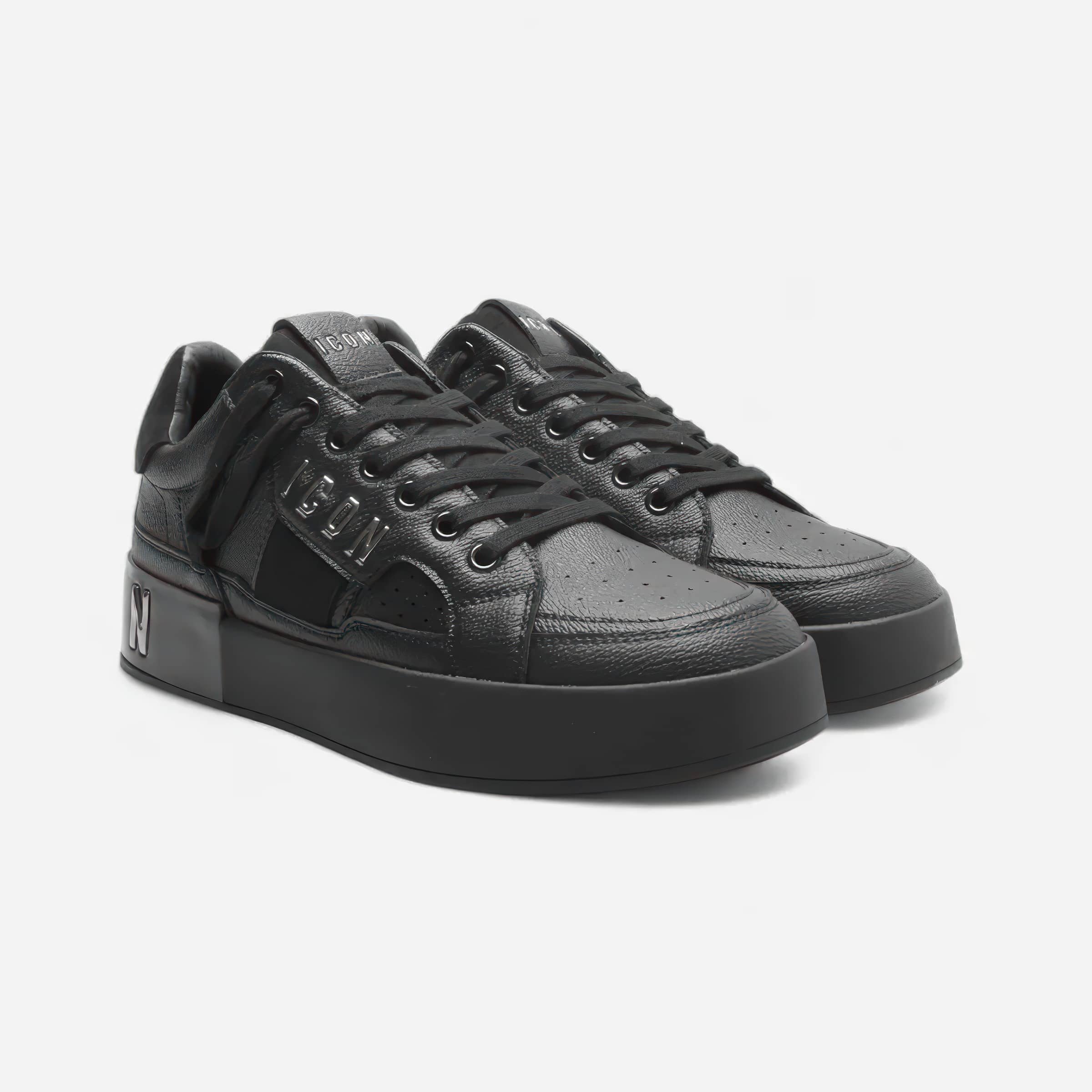 Black leather platform sneakers with lace up design