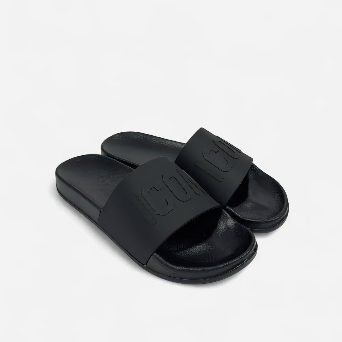 Black slide sandals with wide strap and embossed logo