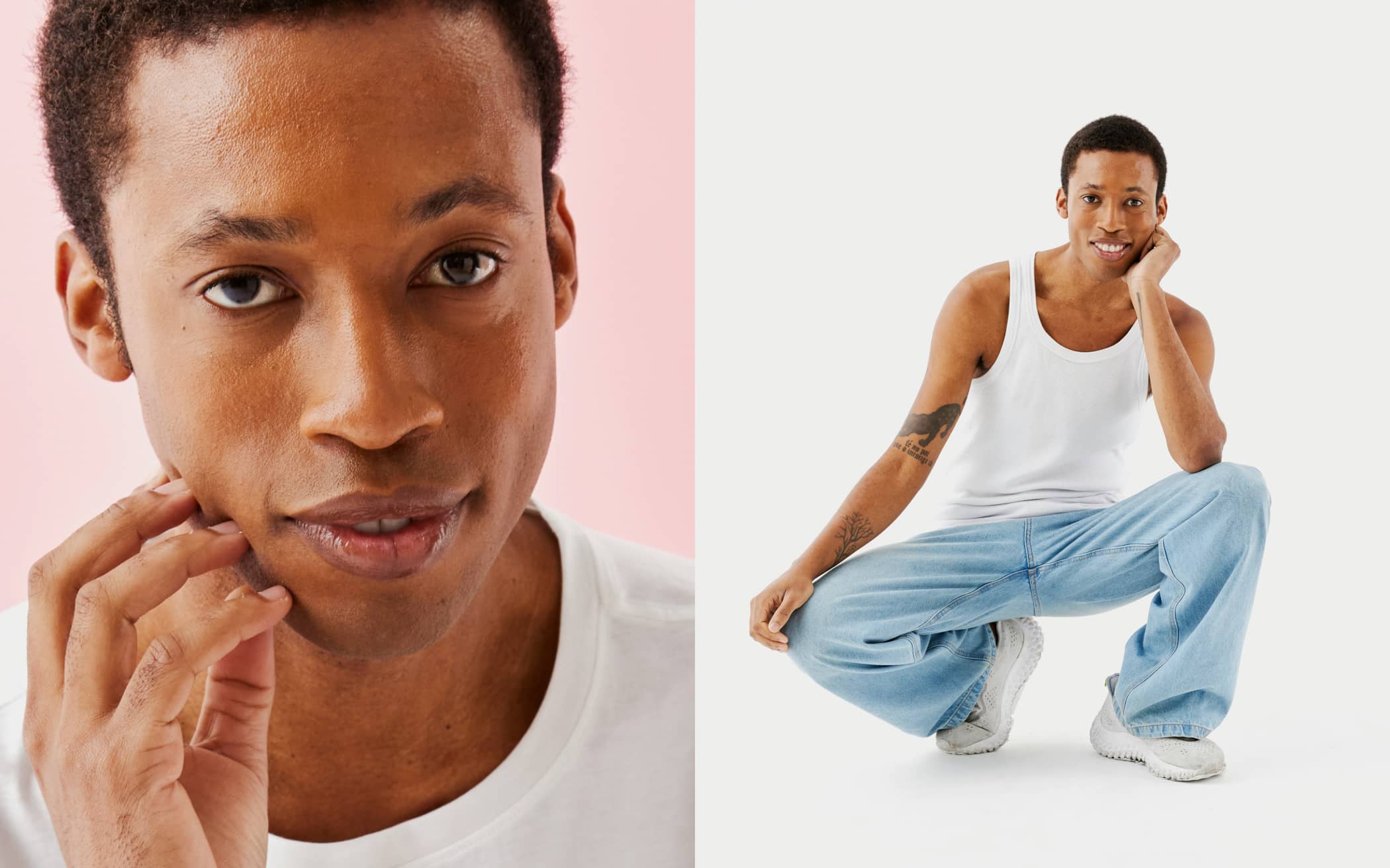 Model wearing white tank top and light blue jeans